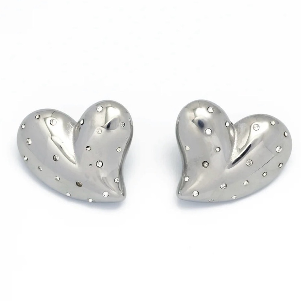 Silver Puffy Heart CZ Earrings